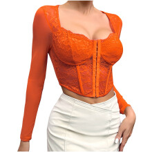 Vintage Corset Top with Sleeves, Lace Trim & Boning, Mesh Flower Print, Orange – Compatible with 2025 Medieval Styles