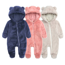 Abbigliamento unisex per neonati, maschietti e femminucce, tutina invernale calda e spessa con orecchie da orsetto in peluche, taglie 0-3 mesi.