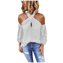 Camisetas de manga larga de poliéster para mujer con cuello en V, blusas elegantes de color liso para mujer, tops casuales de manga larga.