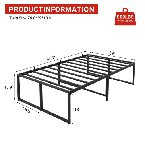 TROPOW Twin Metal Bed Frame Black 14-inch Platform 1