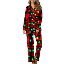 Weihnachtspyjama-Set für Damen, V-Ausschnitt, lange Ärmel, Übergröße
