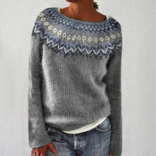 gensere til dame Strikket Isle Print Retro Genser Løs Rundhals Langermet Pullover Grå