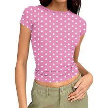 Top de mujer, top informal estampado de manga corta con cuello redondo y mangas ajustadas, top ajustado con agujeros y rayas, blusa cómoda y
