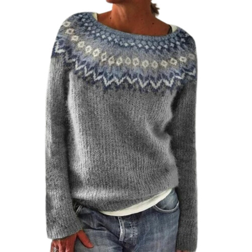 Damenpullover mit Strickmuster im Retro-Stil, Strick, Rundhalsausschnitt, lange Ärmel, Grau 1