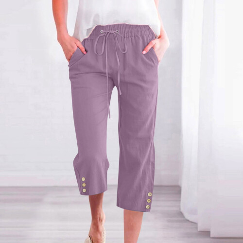 VERUGU Παντελόνι Capris για γυναίκες, μοντέρνο, casual, μονόχρωμο, ελαστικό, φαρδύ 1