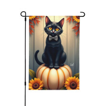 Tuinvlag met zwarte kat op pompoen, 12x18 inch, dubbelzijdig