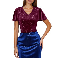 Haut à sequins pour femme, manches courtes, blouse de fête tendance, col rond ample, haut élégant et scintillant pour les soirées et le