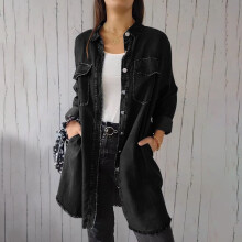 Ozmmyan Klassieke Lange Jeansjas voor Dames, Plus Size, Losse Lange Mouwen, Oversized, Knoopsluiting, Gerafelde Zoom, Lichtgewicht Denim Jeansjas,
