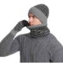 Men's Winter Woolen Hat Sets with Stripe Color Block Knitted Hats Scarves Gloves Included for Cold Weather Providing Warmth(Dark Gray,Free Size)