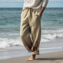 Pantalon en lin pour homme, idéal pour l'été à la plage, avec cordon de serrage et taille élastique. Motif cocotier, respirant et doux. Pantalon