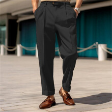 Pantalon habillé pour homme, pantalon de costume avec ceinture extensible à plis, coupe classique, noir