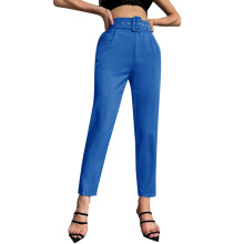 Pantaloni eleganti da donna, a vita alta, gamba dritta, primavera estate, tinta unita, stampa, casual, ampi, in cotone e lino, modello Explosion, blu.