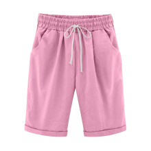 QLEICOM Dameshorts i plusstørrelse i bomuld og hør, ensfarvede shorts med 5 lommer til afslappet yoga/vandretur/strand – lyserød XL (US10),