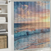 Waterdicht douchegordijn met strandgolven en zonsondergangmotief, 70,8" x 70,8"