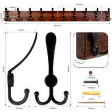 Porte-manteau mural rustique en pin avec 10 crochets triples
