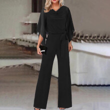 Tute estive da donna, pantaloni a gamba larga, tuta elegante, tuta a maniche a 3/4, vita alta, per feste e vacanze, con cintura, colore nero.