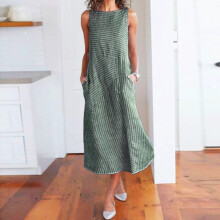 Robe longue sans manches en lin rayé décontracté pour femme, avec poches – Idéale pour le printemps/automne