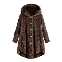 Dam vinterfleecejacka med huva, mjuk fleece-tröja, plusstorlek 2-3XL, kaffefärgad