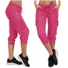 Calça Capri Feminina para Yoga – Cor Sólida, Modelagem Solta, Cintura Elástica com Cordão Ajustável e Bolsos, Ideal para Uso Diário e ao Ar
