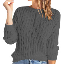 Herbstmode Damen Lässiger, lockerer, einfarbiger Langarm-Pullover mit Lochmuster, Rundhalsausschnitt, Tunika-Mantel, reduziert