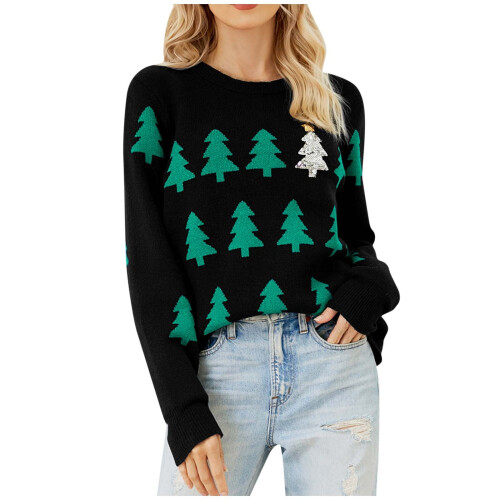 Weihnachtspullover für Damen, Rundhalsausschnitt, Weihnachtsmuster, Strickpullover, Langarm, Schwarz
