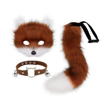 Therian Mask and Tail Set Cute with Necklace for Carnival Festival Red
