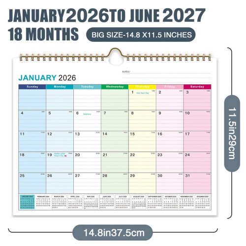 18μηνο Ημερολόγιο Τοίχου Ιαν 2026 - Ιούλ 2027: Ανθεκτική βιβλιοδεσία διπλού πηνίου, 2