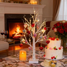Herzförmige Birkenbaumlampe mit 24 warmweißen LEDs und 18 hängenden Herzen – Batterie-/USB-betrieben, geeignet für Valentinstag, Wohn- und