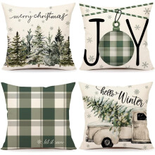 Capas de Almofada de Natal 40x40cm, Conjunto de 4, Decoração Natalina Estilo Fazenda, Estampa de Alegria/Fazenda/Árvores/Caminhão, Capas de