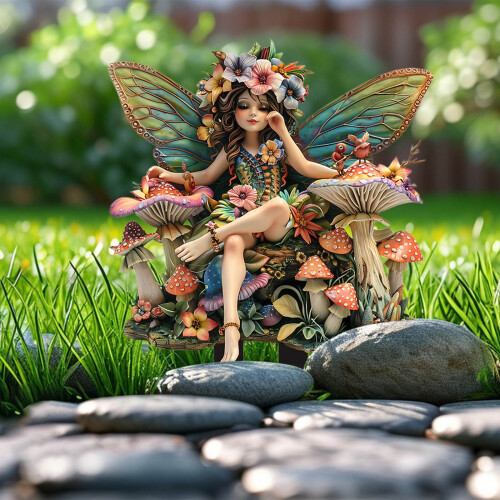 Gartenstecker aus Acryl im Boho-Stil mit Fee und Kolibri