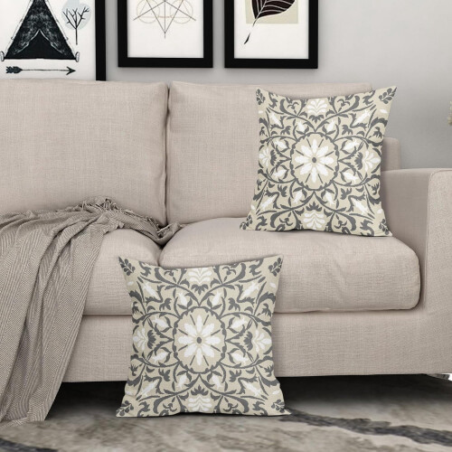Γκρι/Λευκά Μαξιλαροθήκες Boho 20x20", Vintage Λουλούδι, Λινά Τετράγωνα Μαξιλαροθήκες, 2