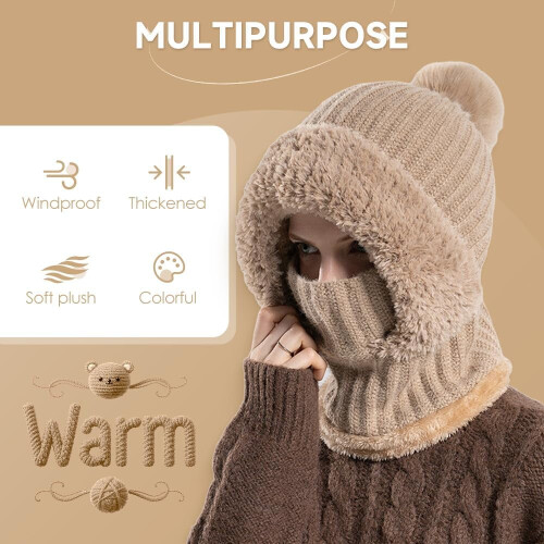 Gorro de tricô 3 em 1 feminino com cachecol e máscara facial. 1