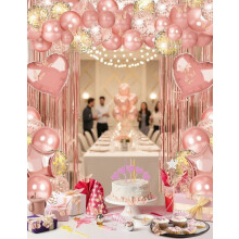 Decorazioni di buon compleanno color oro rosa: striscione, coriandoli a forma di cuore/stella in lamina, palloncini, sfondo con tenda, ghirlande da