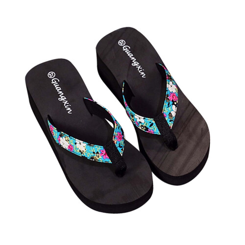 Sommerliche Flip-Flops mit Blumenmuster, Keilabsatz, hellblau, Größe 35 1