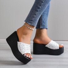 Damessandalen met plateauzool en sleehak, extreem comfortabele slippers met pailletten, hoge hakken, dikke zool, sponszool, antislip strandsandalen.