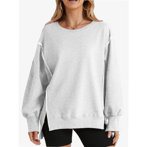 Γυναικεία oversized φούτερ με λαιμόκοψη και πλαϊνό σκίσιμο, πουλόβερ με μακριά