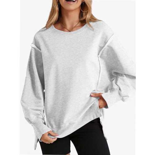 Γυναικεία oversized φούτερ με λαιμόκοψη και πλαϊνό σκίσιμο, πουλόβερ με μακριά 1
