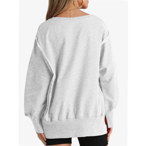 Γυναικεία oversized φούτερ με λαιμόκοψη και πλαϊνό σκίσιμο, πουλόβερ με μακριά 2