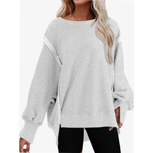 Γυναικεία oversized φούτερ με λαιμόκοψη και πλαϊνό σκίσιμο, πουλόβερ με μακριά 1