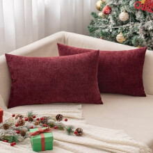 Set van 2 kerstkussenhoezen voor op de bank, 12x20 inch, zachte wijnrode chenille kussenhoezen voor de bank in de woonkamer, effen geverfde