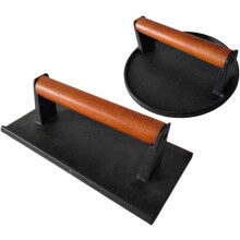 Heavy-Duty Cast Iron Burger Press (7.08" Round & 8.3"x4.3" Rectangle) with Wood Handle – Compatible with Pit Boss, Traeger, Griddle Grills