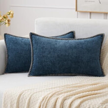 2 stuks 12x20 inch marineblauwe sierkussenhoezen in boerderijstijl, effen geverfde chenille, gestikte rand – geschikt voor standaard kussens