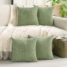 Set van 4 saliegroene decoratieve sierkussenhoezen van corduroy (40x40 cm) voor bed, bank, fauteuil en woonkamer. Zachte vierkante kussenhoezen.