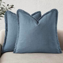 Set van 2 boho linnen kussenhoezen met franjes, 61 x 61 cm, mistblauw, decoratieve kussenhoezen met kwastjes voor bank/sofa – geschikt voor