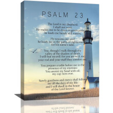 Psalm23 vászonkép falra – keresztény bibliai vers dekoráció, világítótorony téma, 25x40 cm, keretezve, hálószobába/nappaliba/templomba