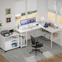Escritorio reversible en forma de L con tomas de corriente y puertos USB Magic Power, escritorio de esquina resistente con estantes, ideal para