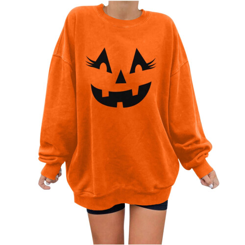 Damen-Sweatshirt mit langen Ärmeln, Kürbisgesicht-Print, lässiges Pullover-Top, Bluse 1