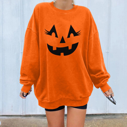 Damen-Sweatshirt mit langen Ärmeln, Kürbisgesicht-Print, lässiges Pullover-Top, Bluse