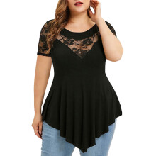 lulshou Dam Kortärmade Toppar Plus Size Dam Enfärgad Blommig Spets Rund Hals Asymmetrisk Trekvartstoppar Blus XXXXL