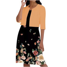 Tweedelige set voor dames: elegante A-lijn jurk met print, ronde hals en bandjes, en vest met korte mouwen.